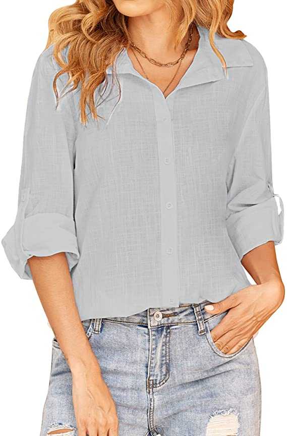 Hotouch Womens Cotton Linen Shirts Roll-Up Sleeve Button Down Shirt Summer Casual Long Sleeve V Neck Solid Blouse