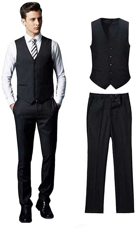 Wehilion Vest Pant Men 2 Pieces Dress Suit Vest Pant Set Slim Fit Casual Suit Waistco
